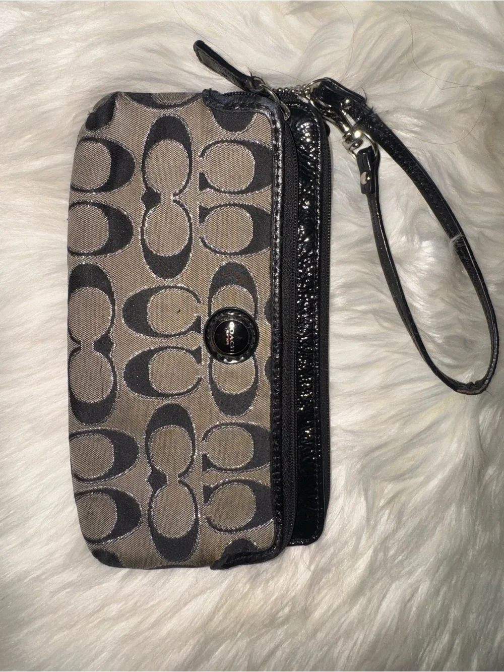 Coach Monogram Wristlet in Taupe and Black